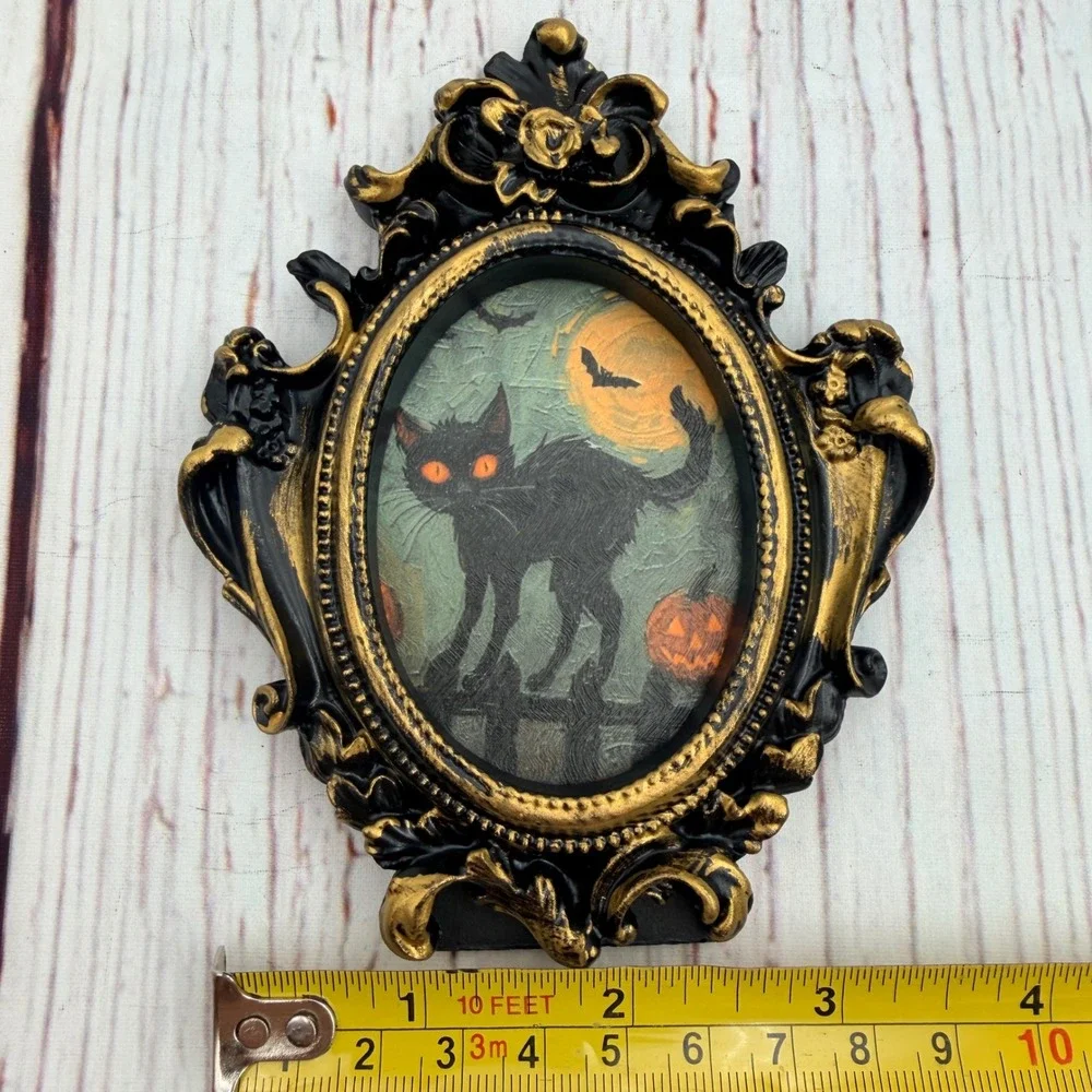 Halloween Black Cat Art Print Ornate Gold Black Resin Frame Gothic Decor 5 inch